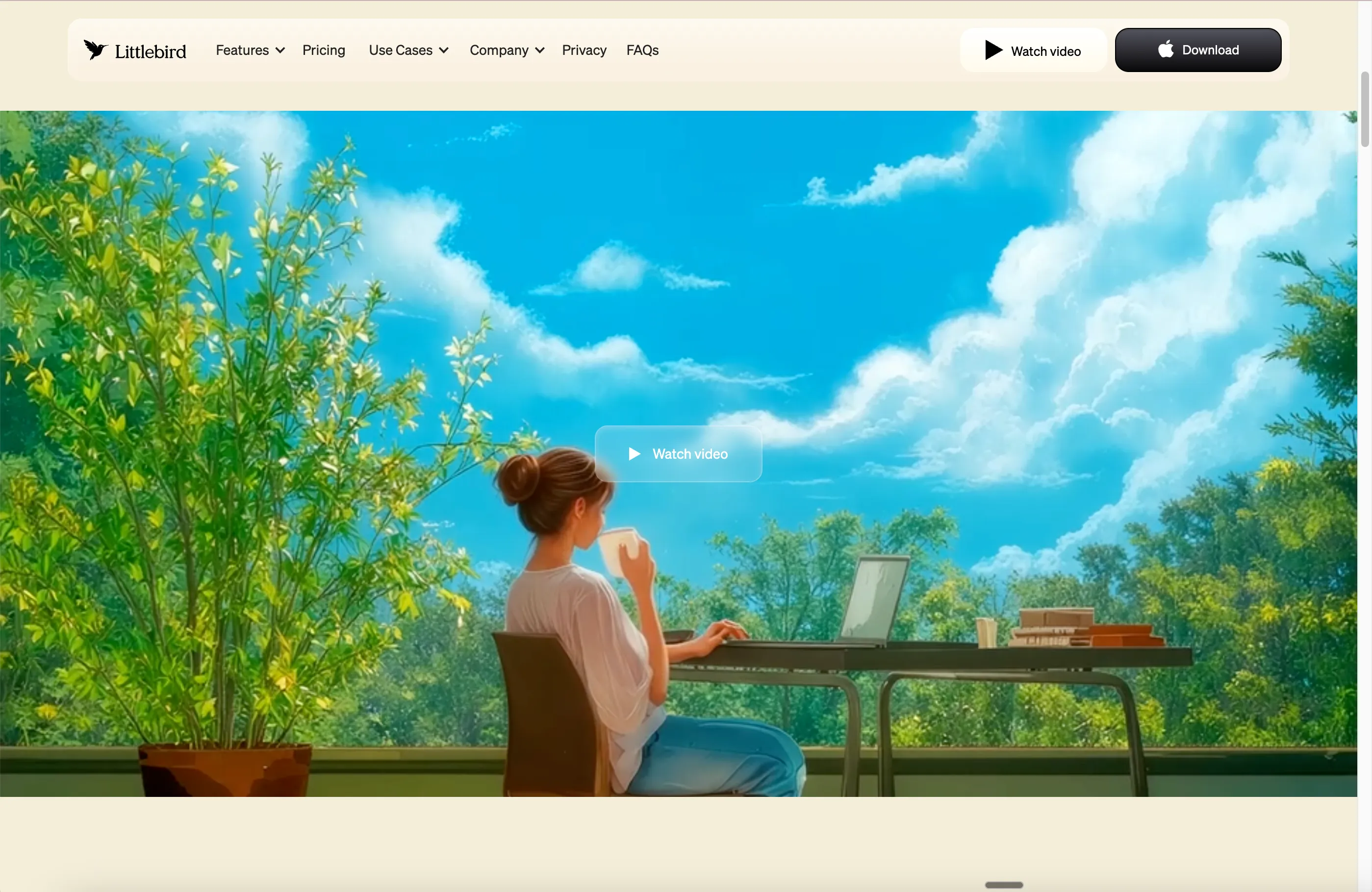 Littlebird landing page with animated nature hero