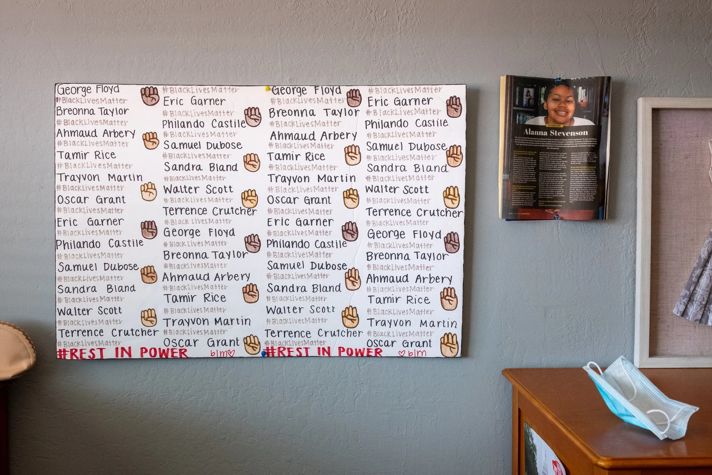 Poster with names of victims of police brutality in Alanna's bedroom