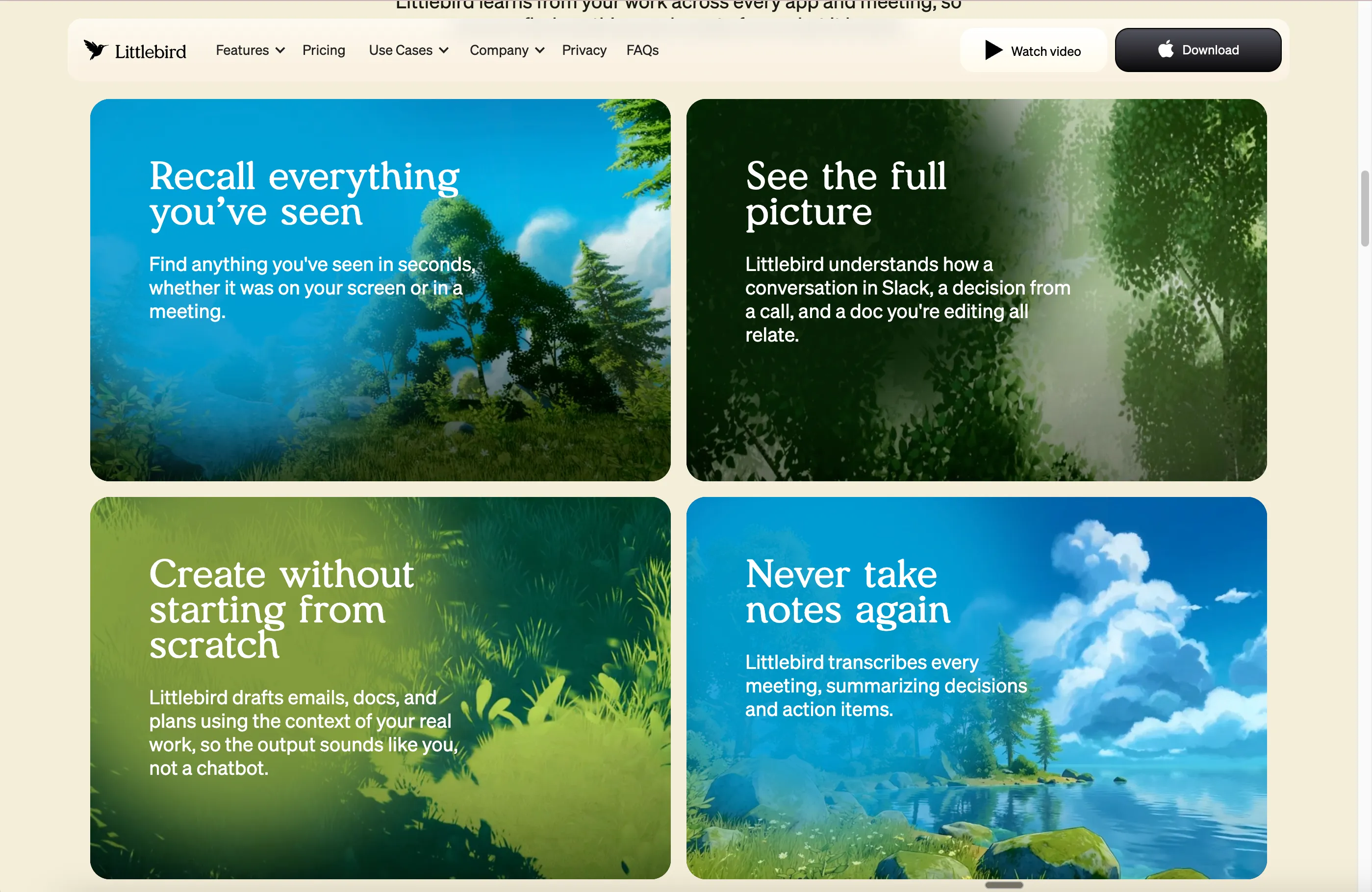 Feature cards with nature scene backgrounds