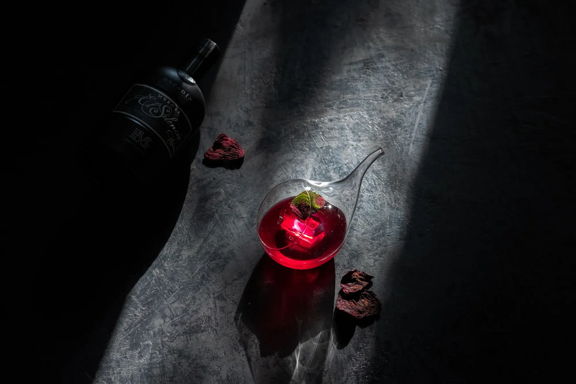 Finished beet mezcal negroni with beet chip and fennel garnish