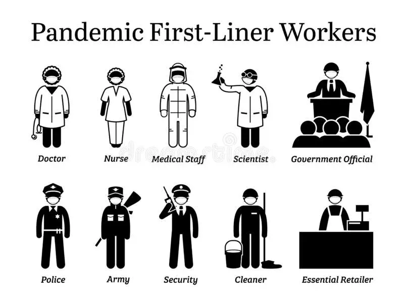 Icons representing essential workers including doctors, nurses, and first responders
