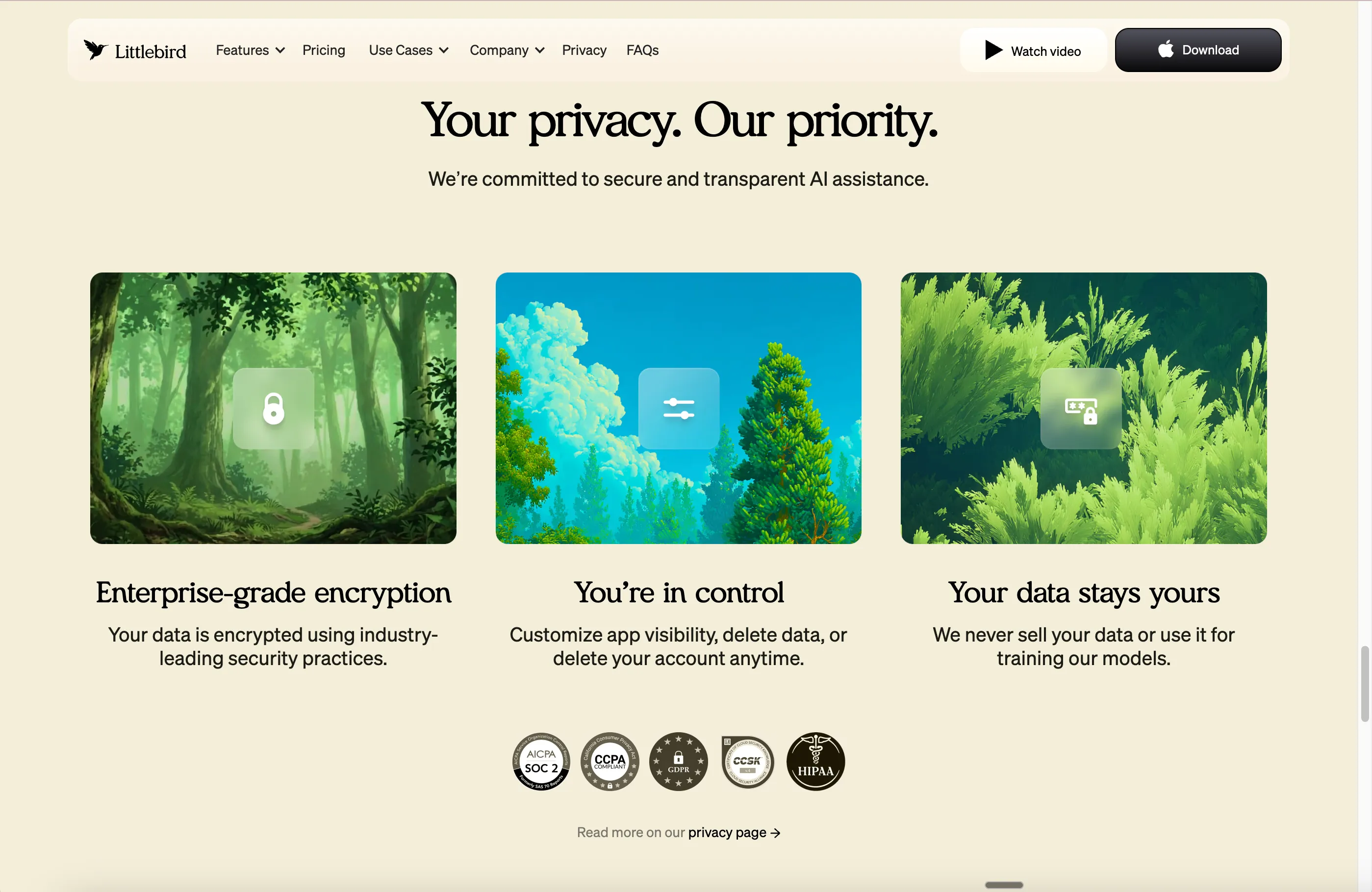 Privacy section on the Littlebird homepage with SOC 2, CCPA, and HIPAA compliance badges