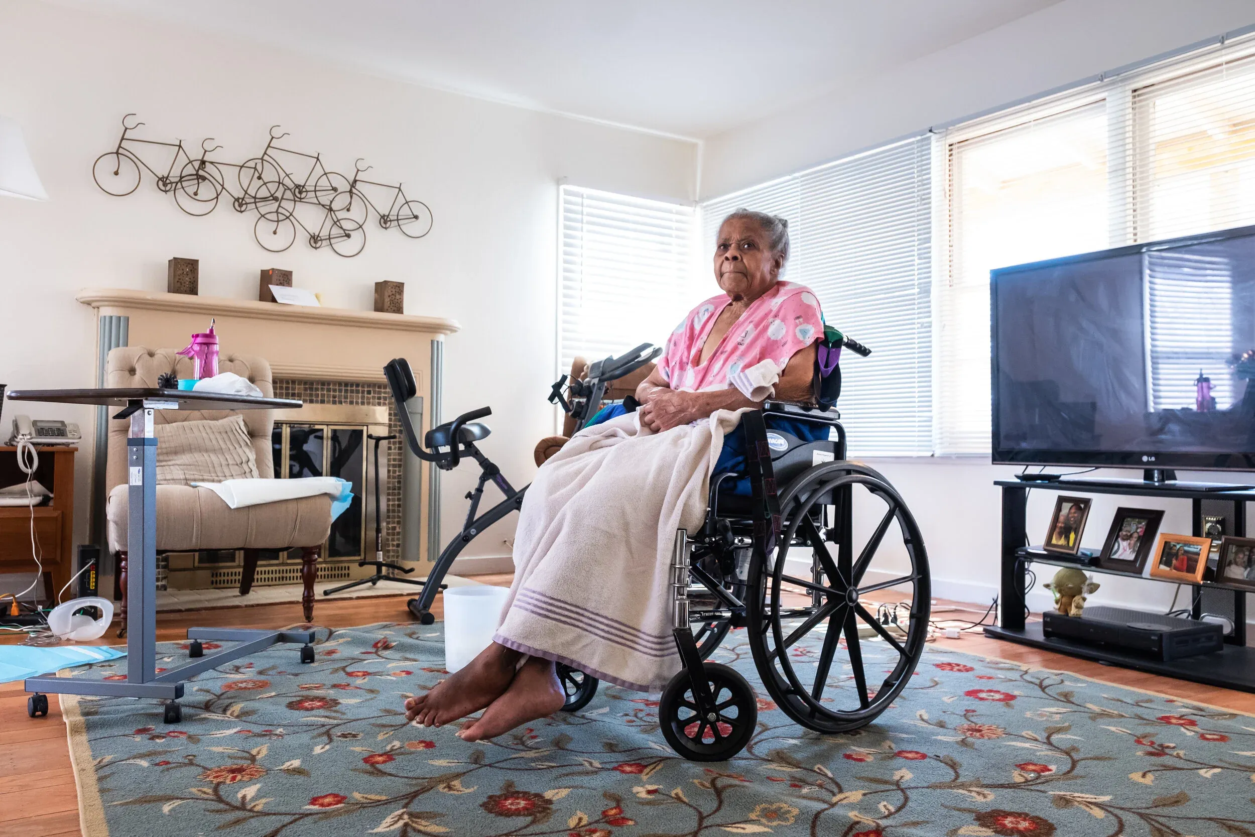 Naomi Campbell at her home in Belle Haven, in her wheelchair at age 100