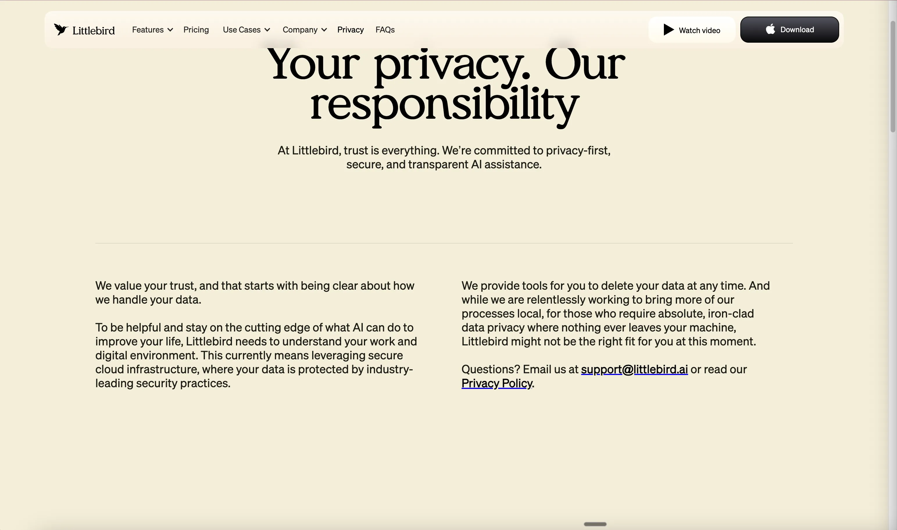 Landing page section telling users that Littlebird might not be the right fit for them