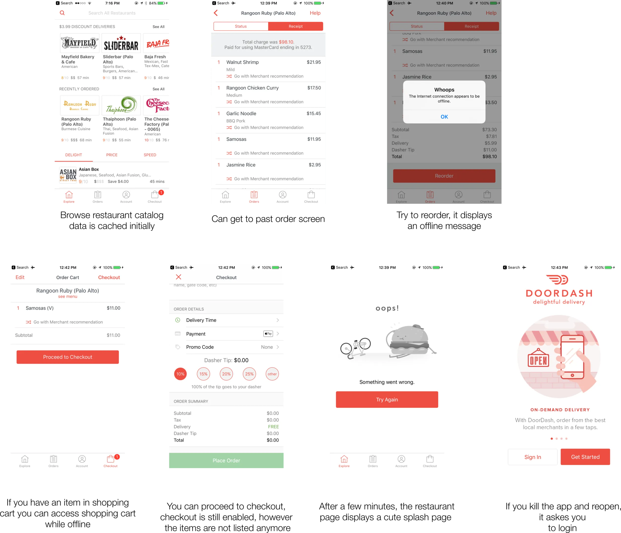 Doordash offline experience screenshots