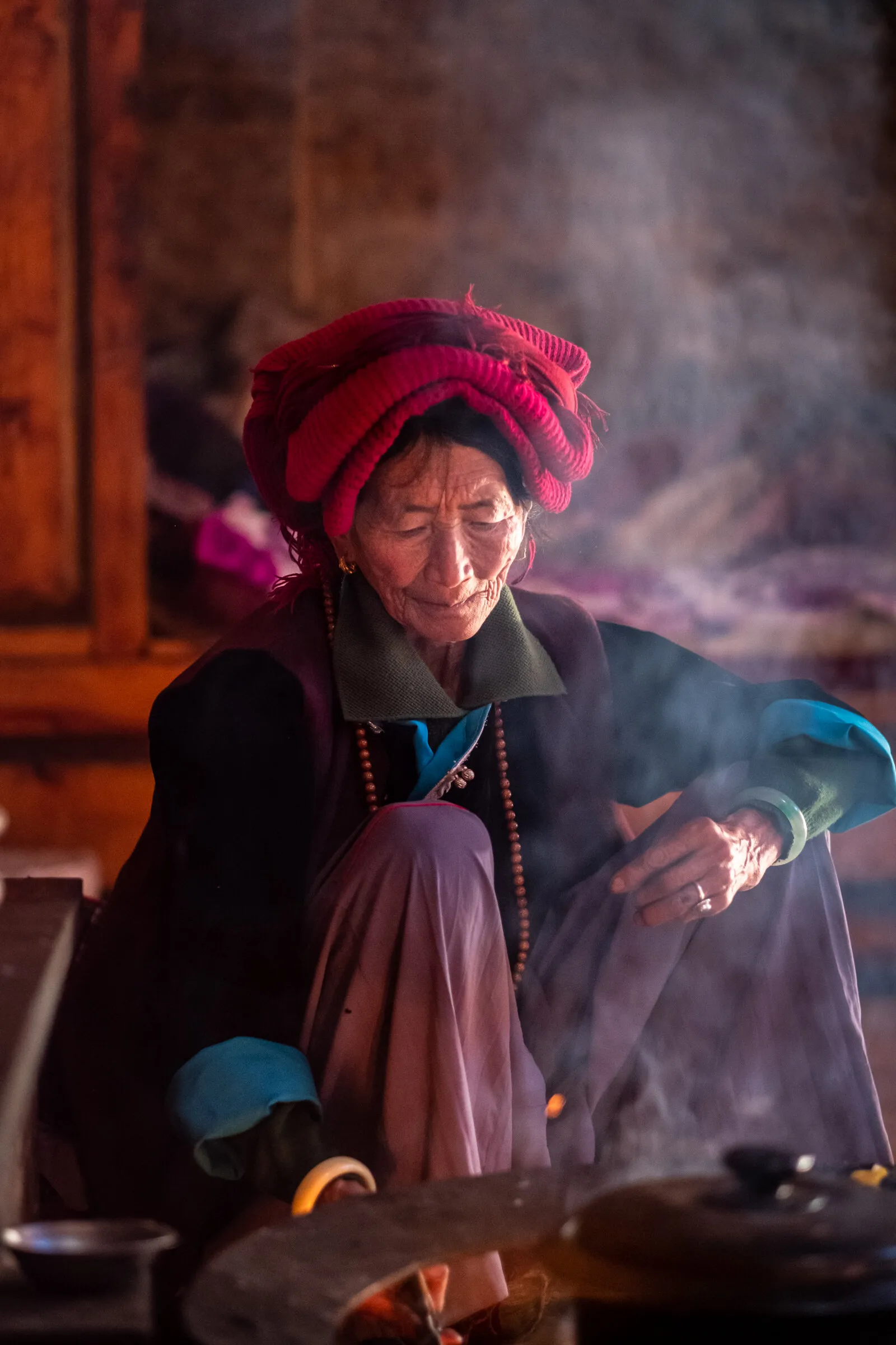Tea preparation inside a Mosuo grandmother's house