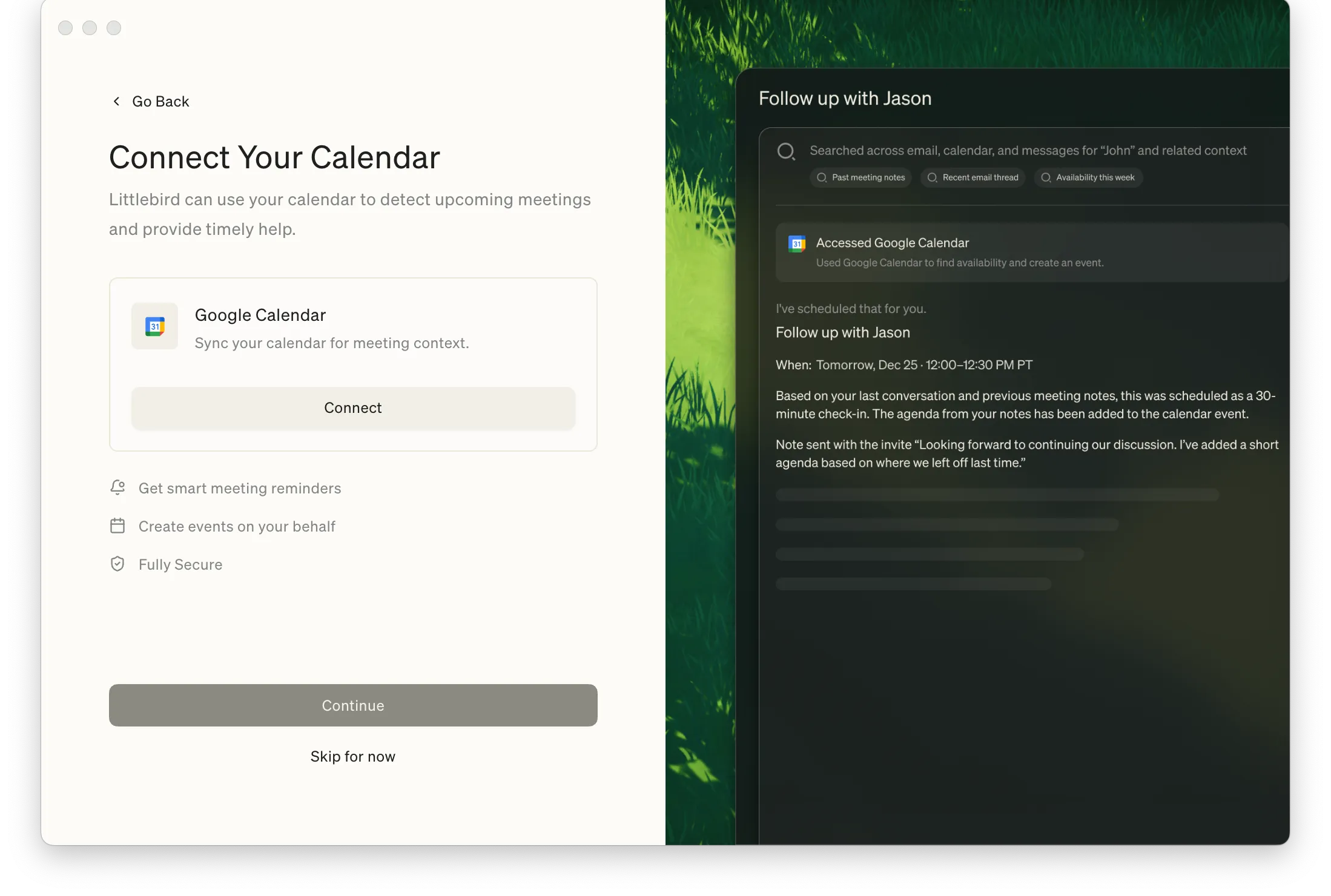 Calendar step previewing a follow-up email composed from real meeting and schedule context