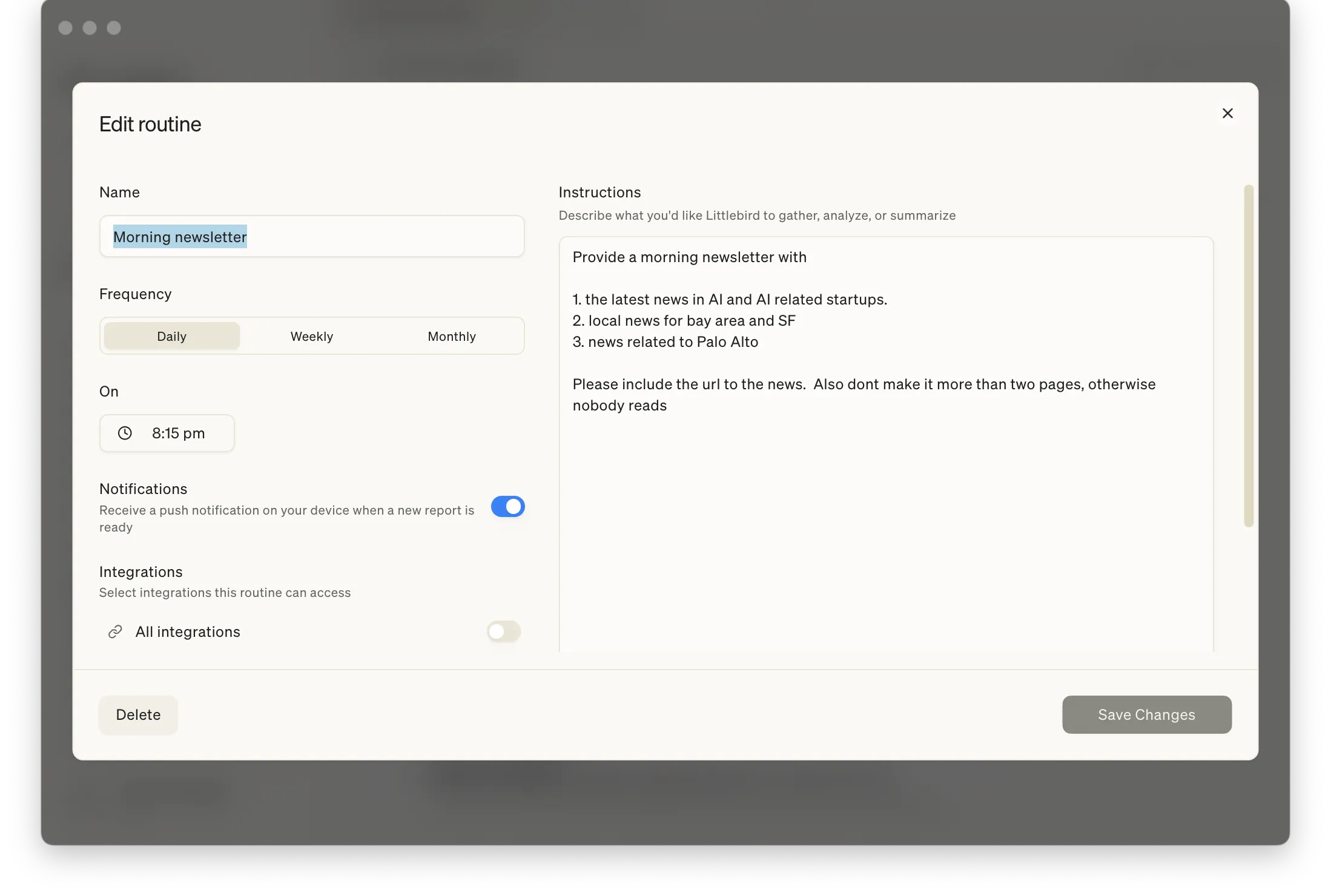 Routine editor with natural-language instructions and a per-routine integrations toggle