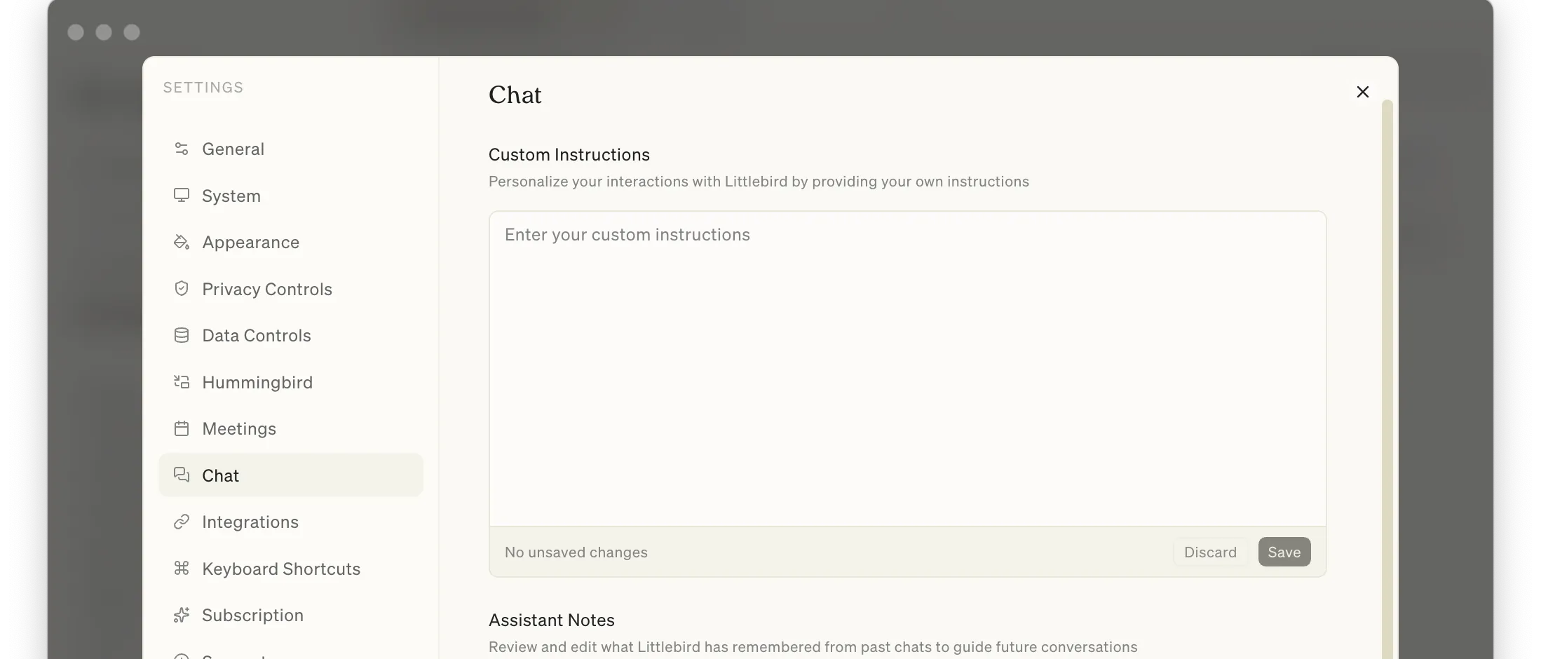 Custom Instructions and Assistant Notes in settings