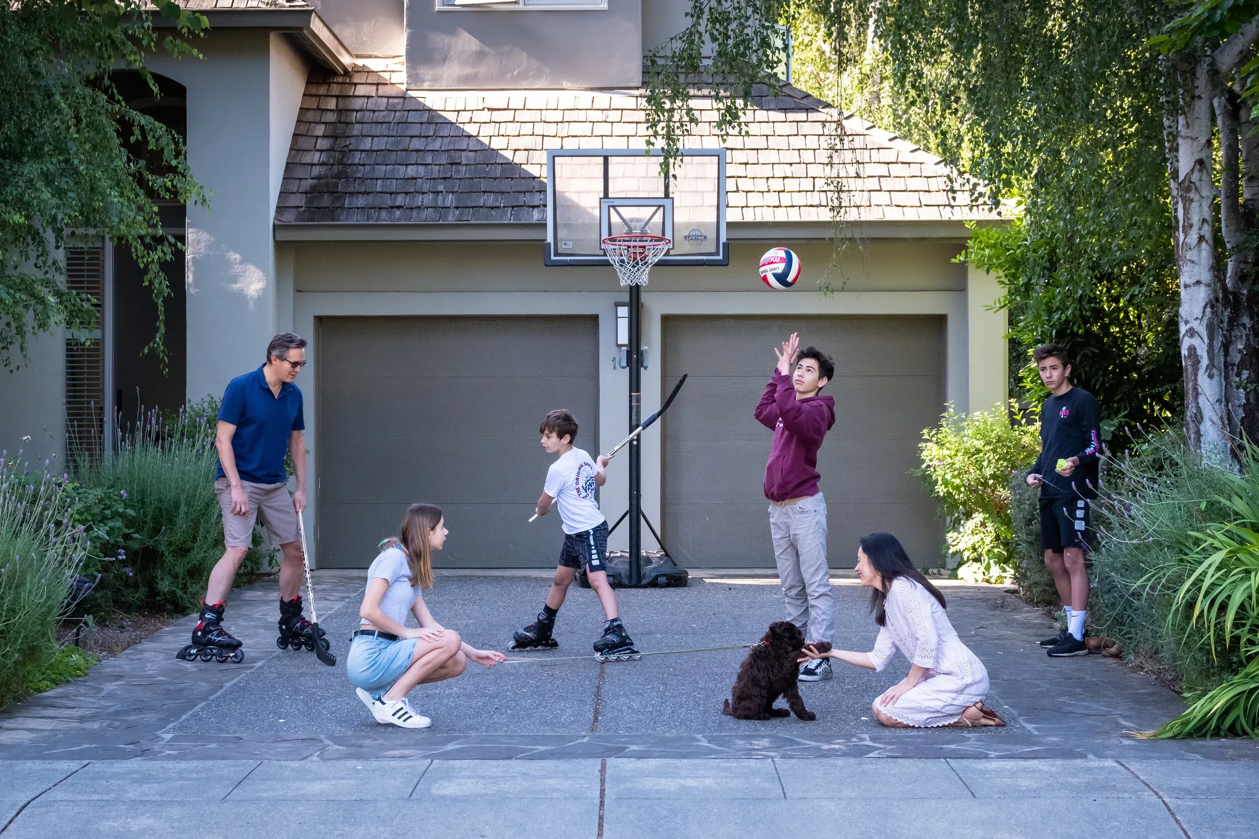 Creative family portrait setup on front steps