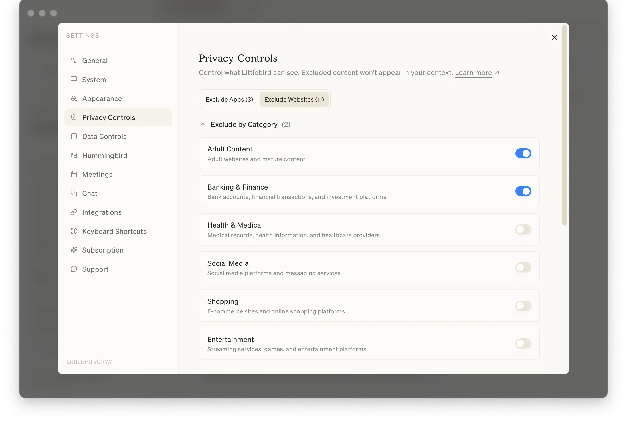 Category-based website exclusions