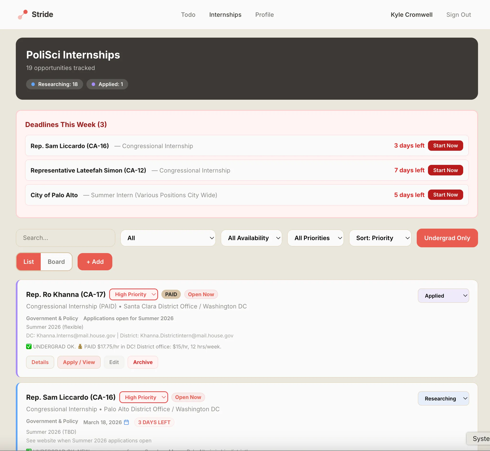 List View with Deadline Tracking